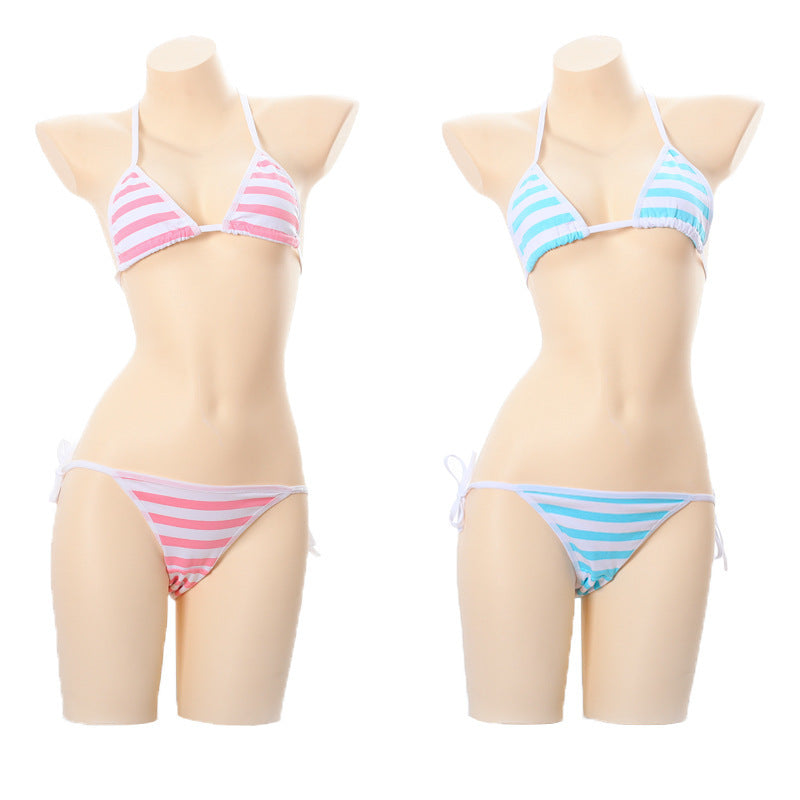 Blue White  White Striped Lace-Up Mini Bikini