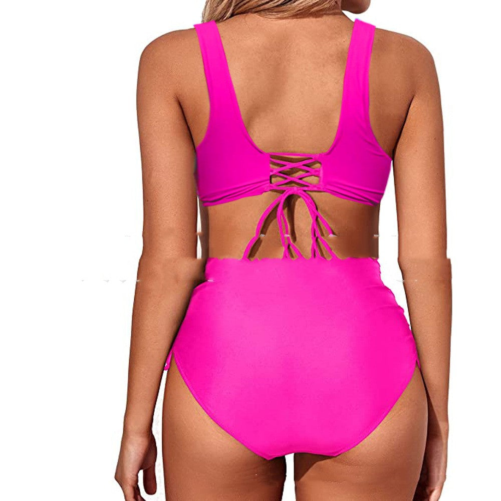 Solid Color Cross Bandage Swimsuit Split Bikini