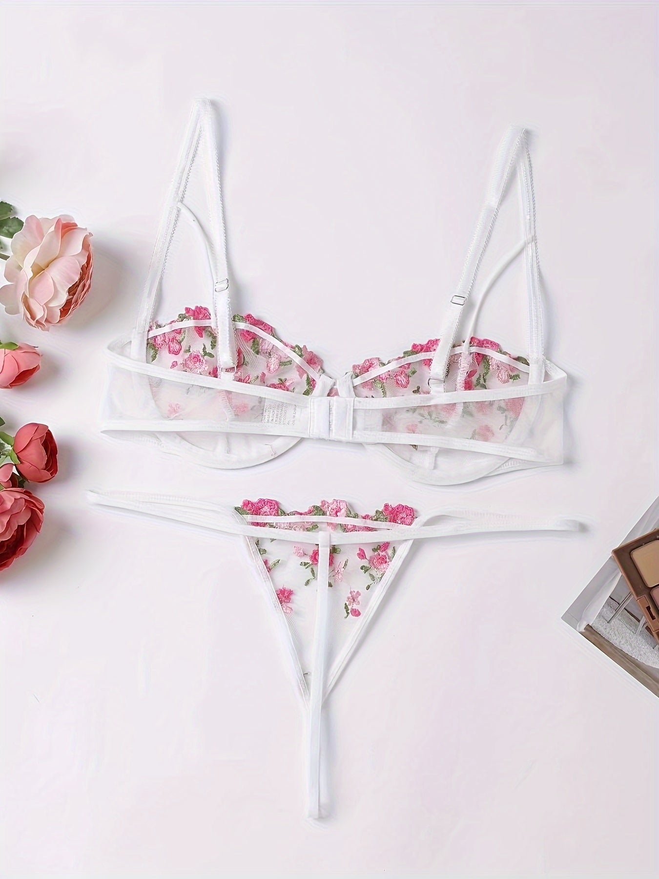 Floral Embroidery Lingerie Set, Sheer Unlined Bra & Mesh Thong, Women's Sexy Lingerie & Underwear