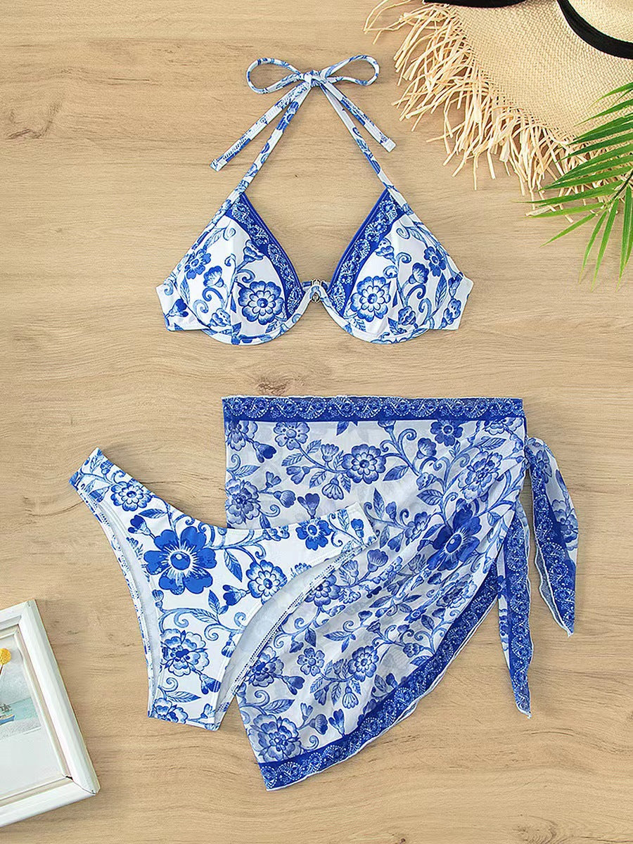 Blue And White Porcelain Printed Bikini Sexy Adjustable Lace Up