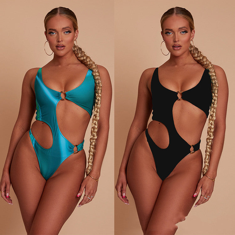 Stylish Metal Ring Decorated Backless One Piece Swimsuit