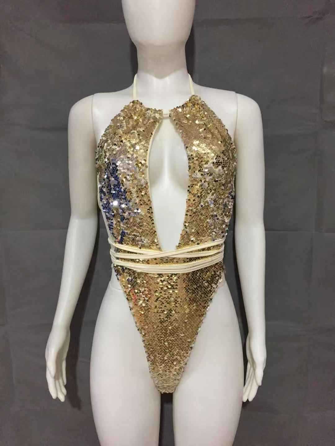 Sexy Strappy One-piece Swimsuit Halterneck Sequin Bikini