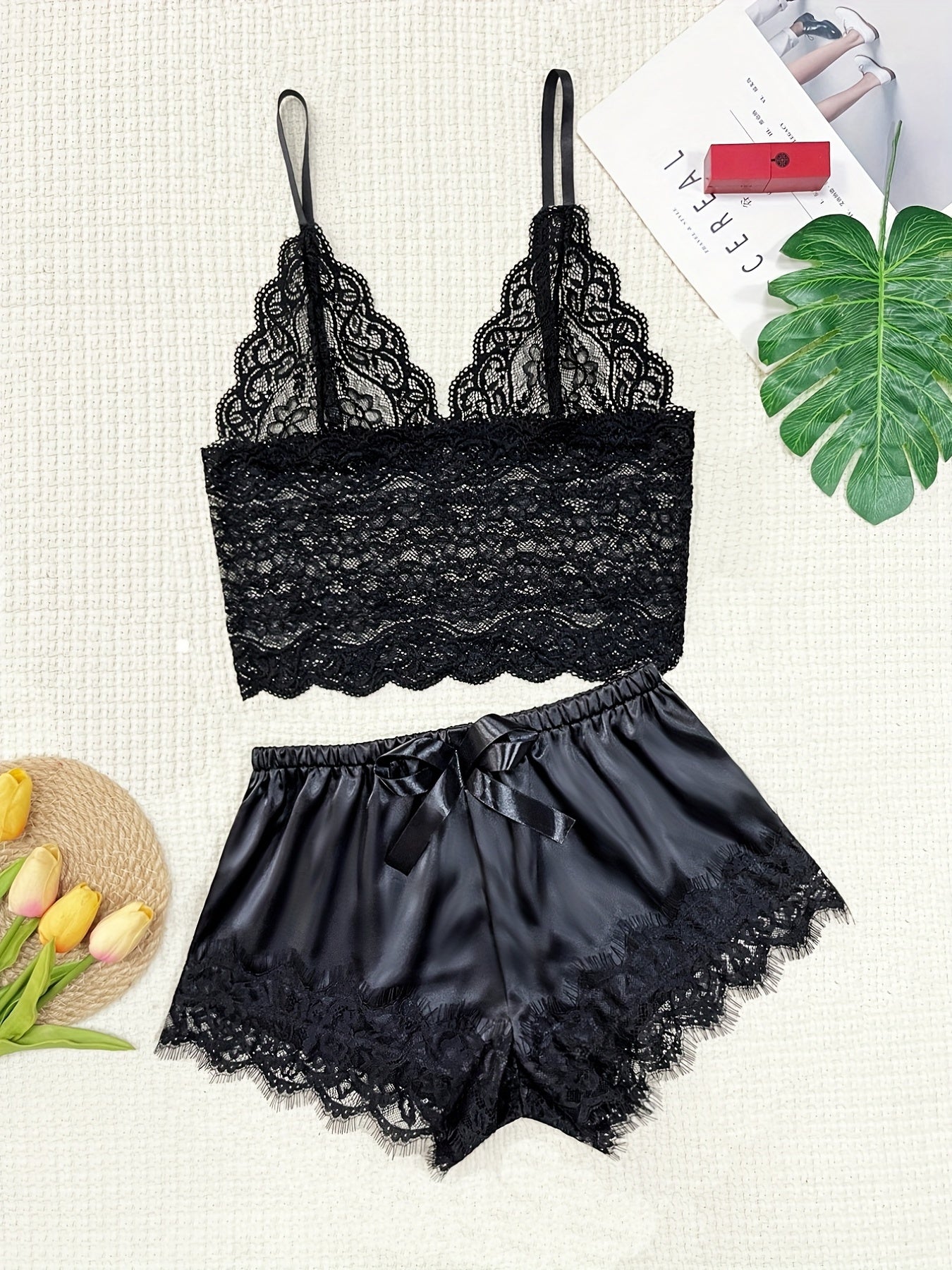 Women's Sexy Floral Lace Lingerie Set - Sheer Bralette And Bow Shorts For Seductive Style And Comfort