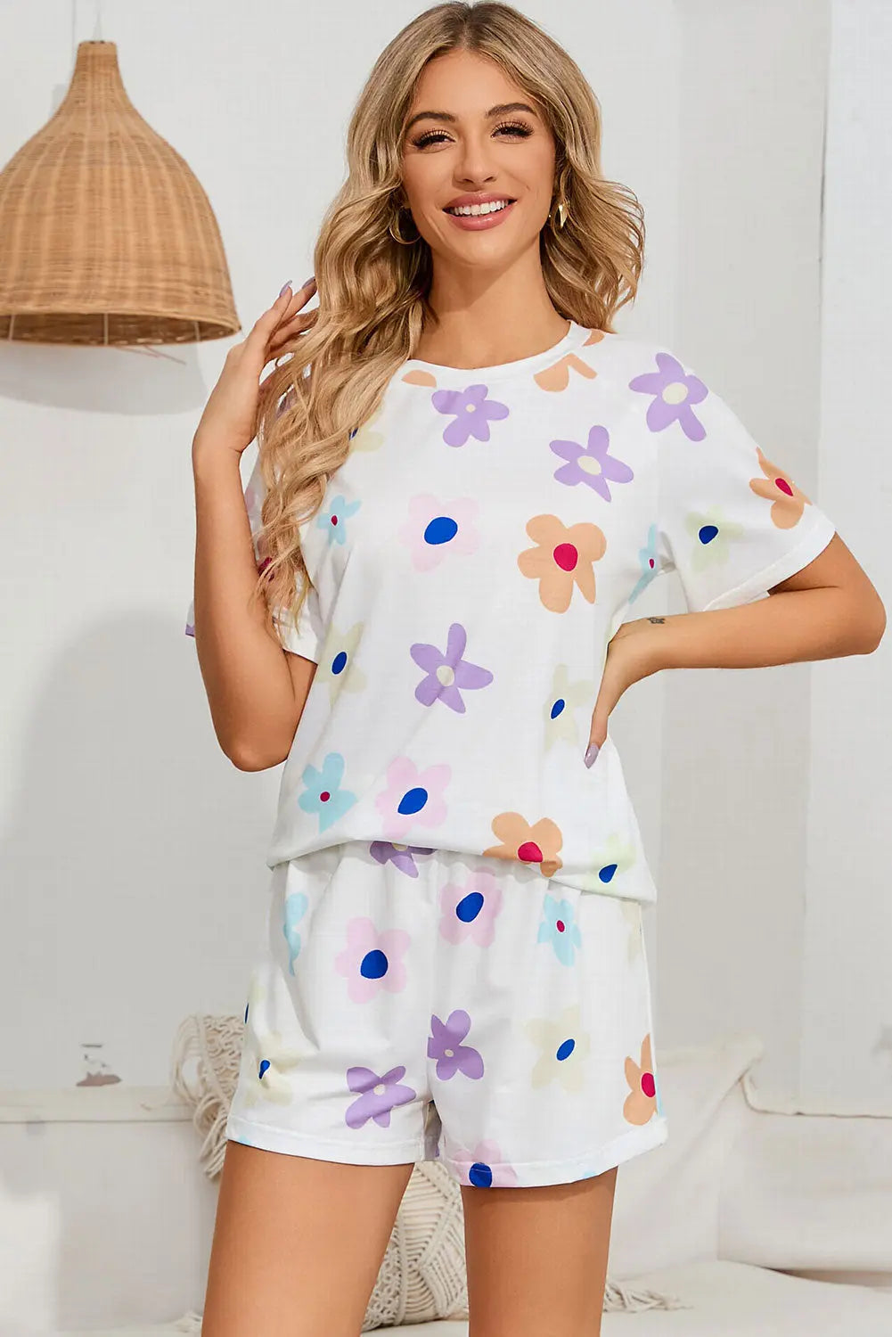 Floral Round Neck Raglan Sleeve Top and Shorts Lounge Set - Image #1