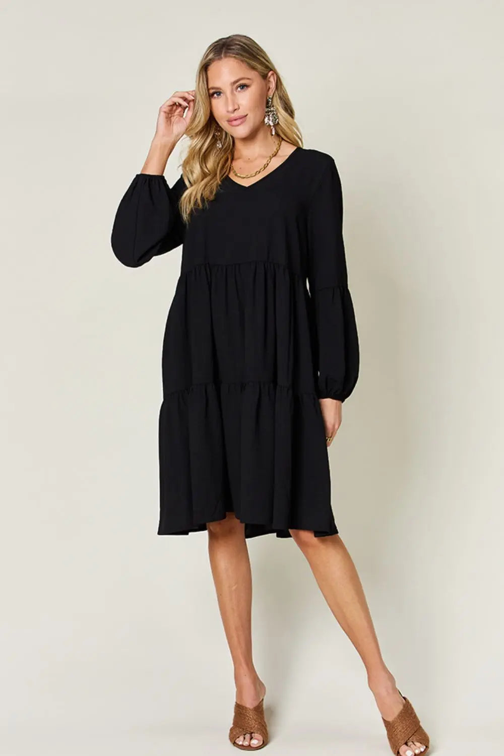 Double Take Full Size V-Neck Balloon Sleeve Tiered Dress with Pockets - Image #18