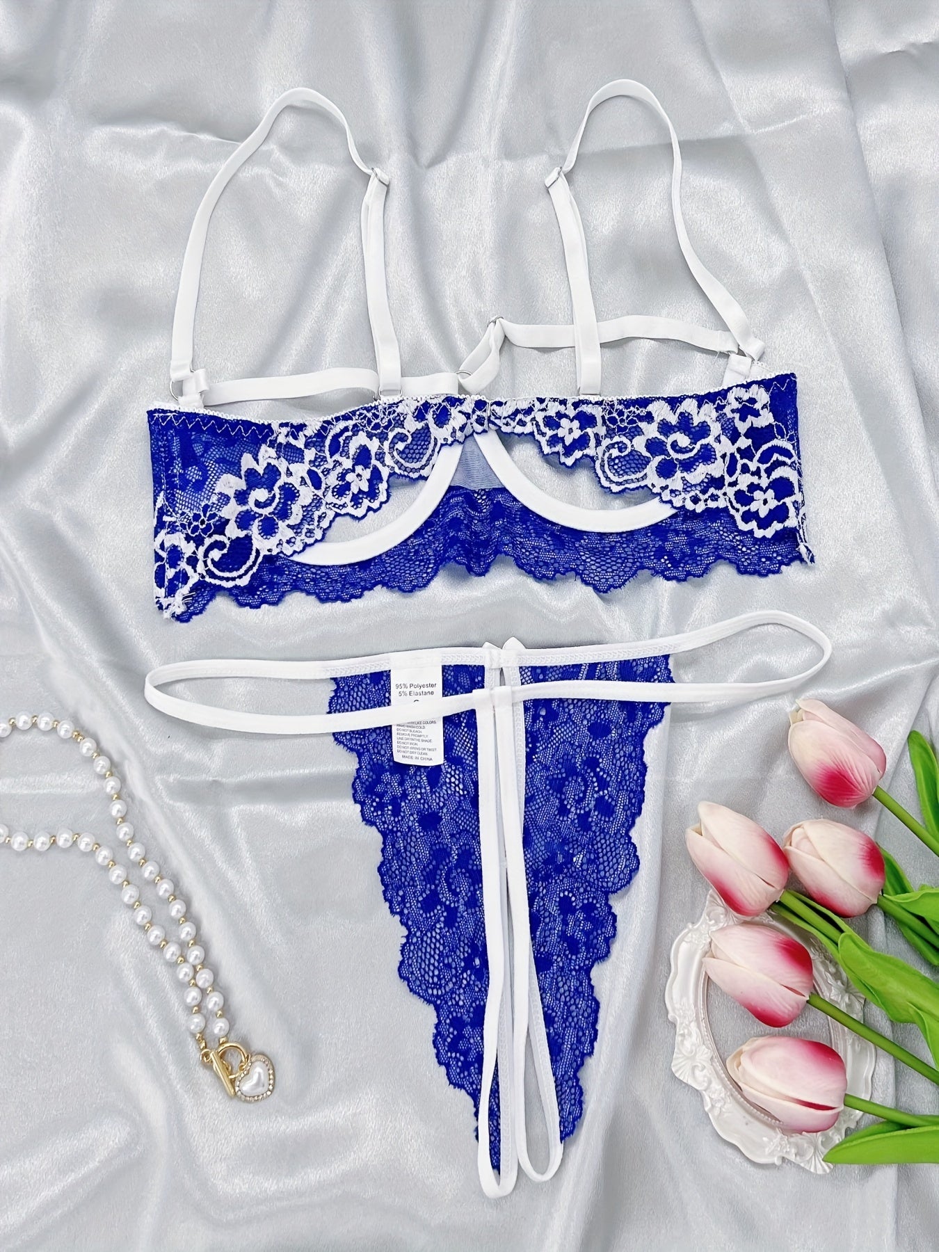 Erotic Floral Lace Lingerie Set, Open Bust Bra & Open Crotch Thong, Women's Sexy Lingerie & Underwear