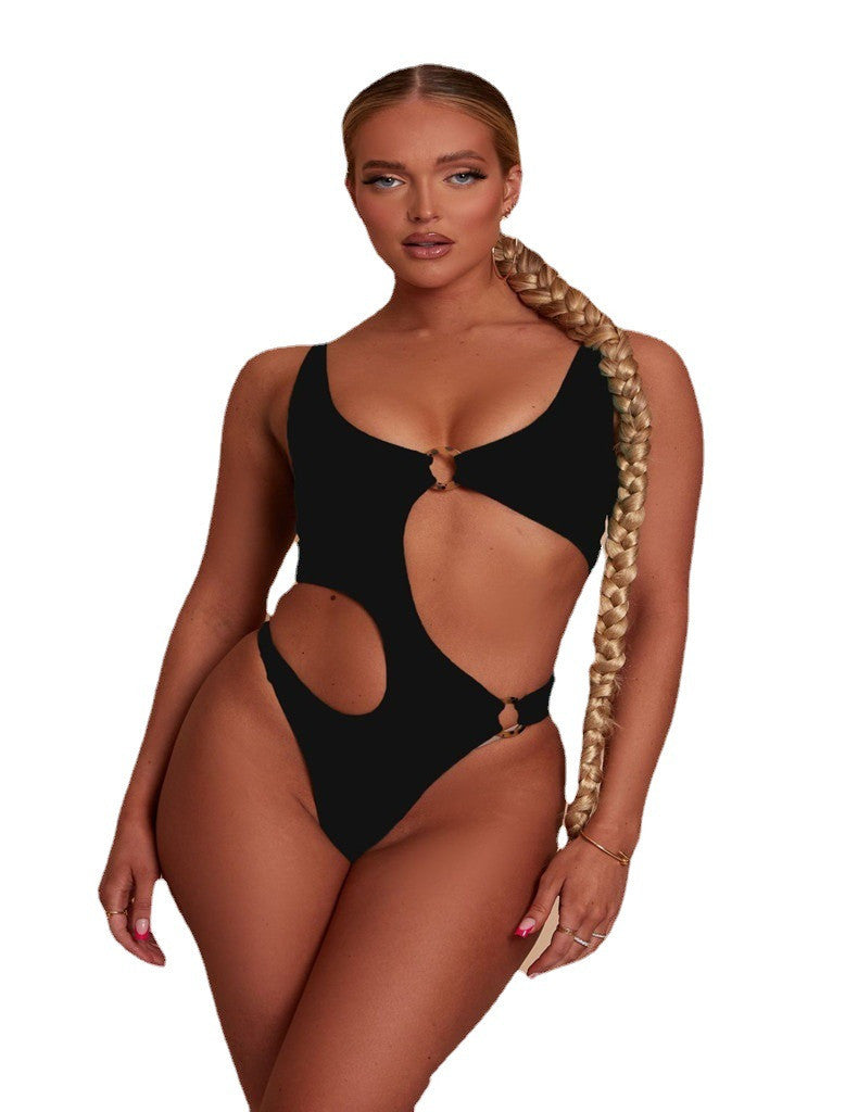 Stylish Metal Ring Decorated Backless One Piece Swimsuit