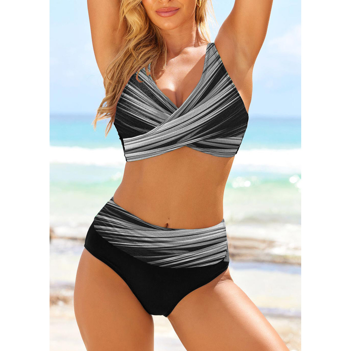 Striped Tie Dye Cutout Sexy High Waist Bikini Swimsuit