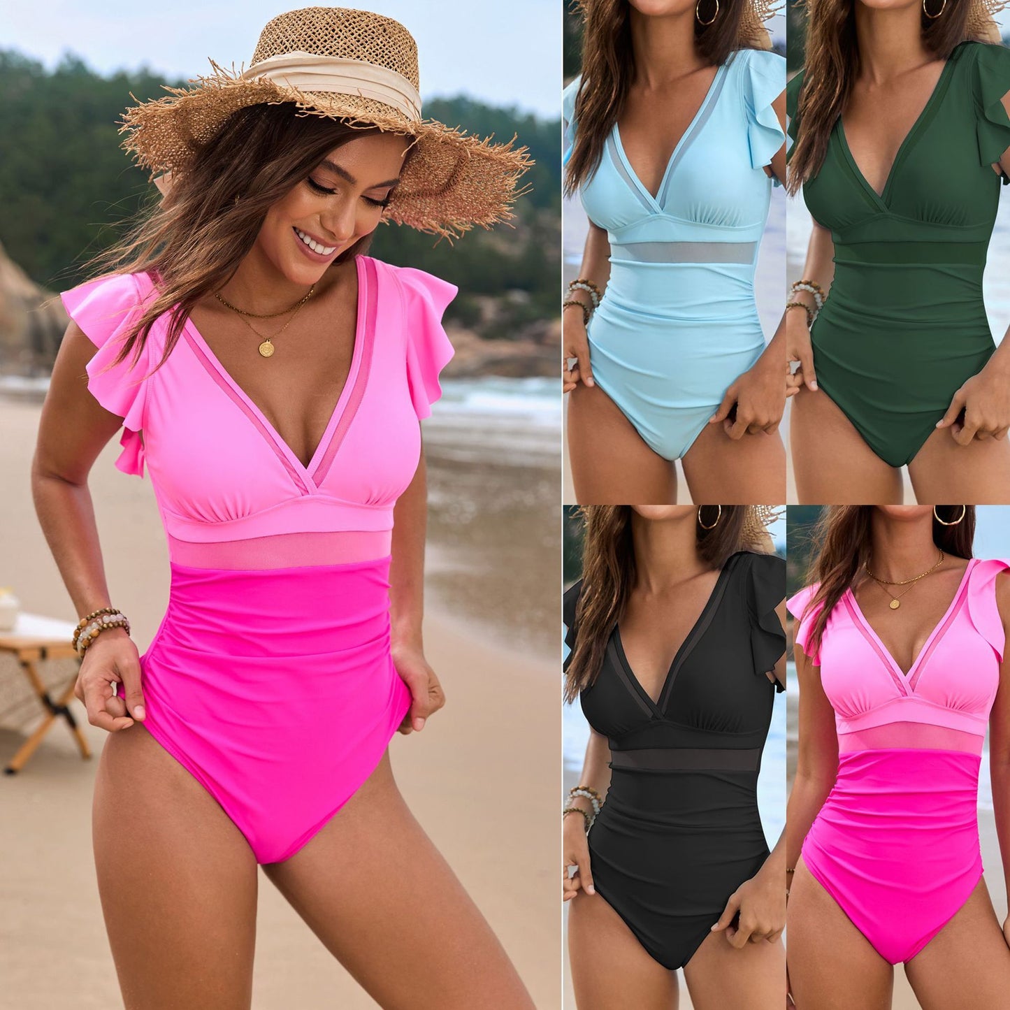 Solid Color Flounced One-piece Swimsuit