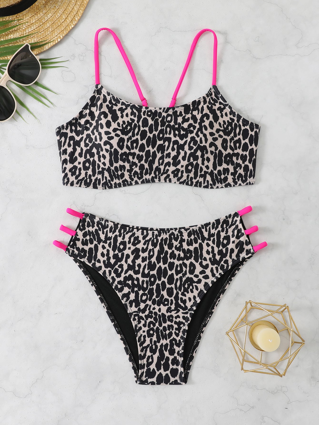 Leopard Print Split Two-piece Suit Multi-rope Bikini Swimsuit