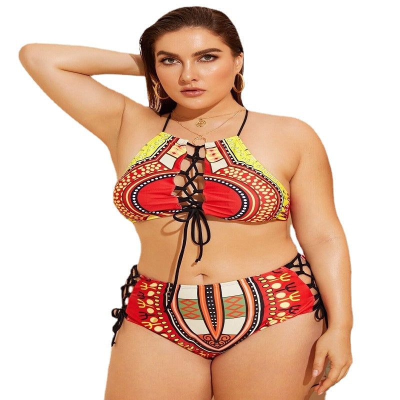 Women's Split Halter Multicolor Cutout Lace-Up Swimsuit