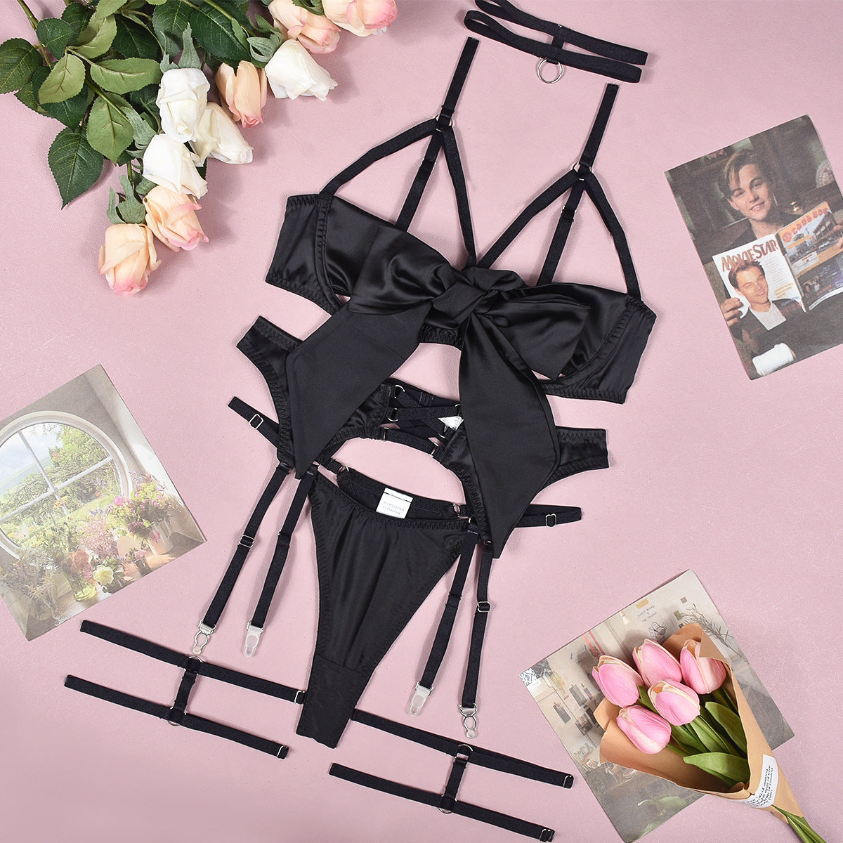 Bow Tie Hot Lingerie Comfortable Four-piece Set - Peek A Boo Undies
