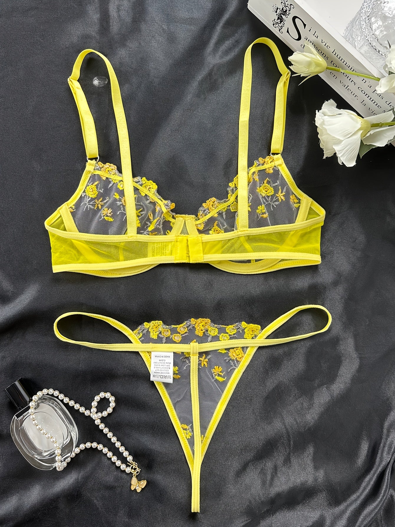 Floral Embroidery Lingerie Set, Sheer Unlined Bra & Mesh Thong, Women's Sexy Lingerie & Underwear