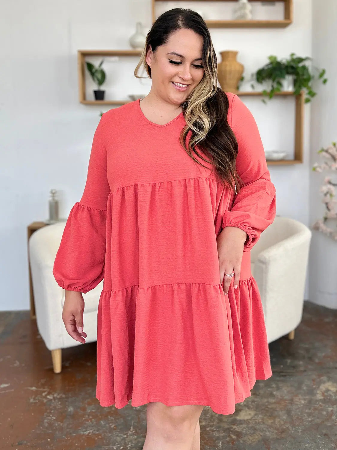 Double Take Full Size V-Neck Balloon Sleeve Tiered Dress with Pockets - Image #10