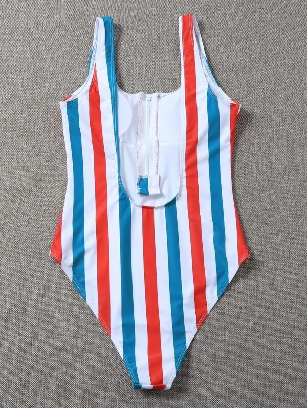 Bikini Zipper Striped One-piece Swimsuit