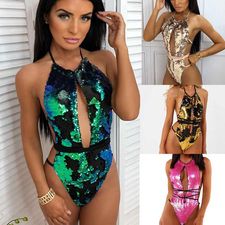 Sexy Strappy One-piece Swimsuit Halterneck Sequin Bikini