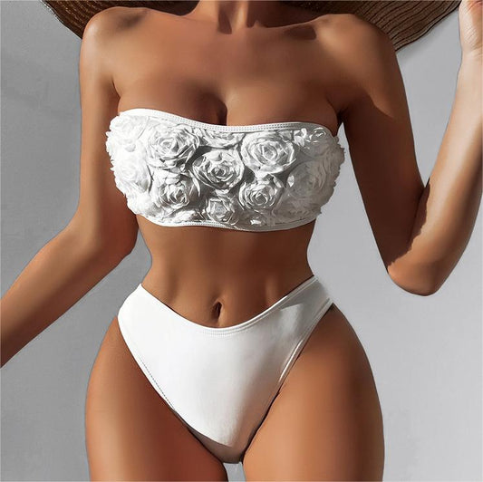 Bikini  Tube Top Solid Color High Waist Swimsuit