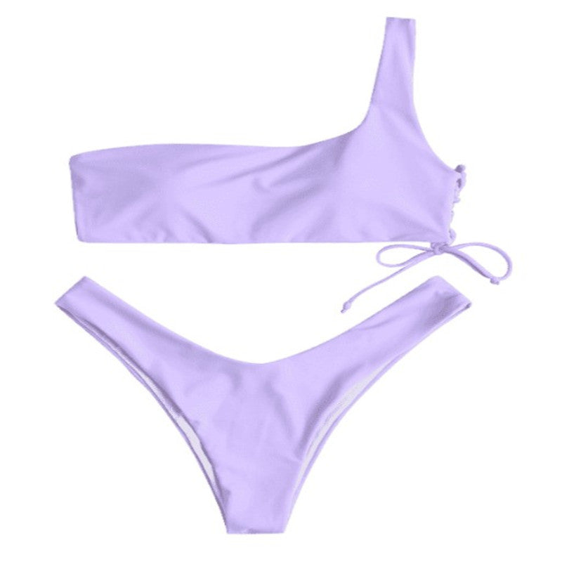 One-shoulder solid color split swimsuit bikini - Peek A Boo Undies
