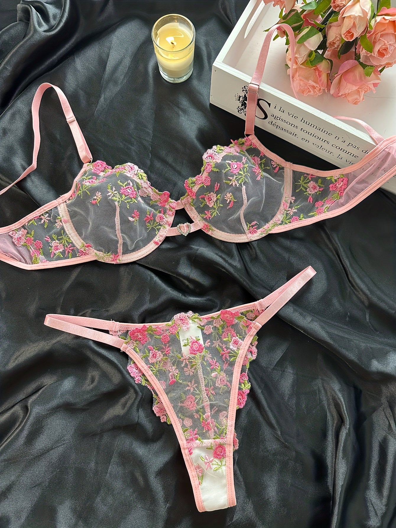 Floral Embroidery Lingerie Set, Hollow Out Unlined Bra & Sheer Mesh Thong, Women's Sexy Lingerie & Underwear