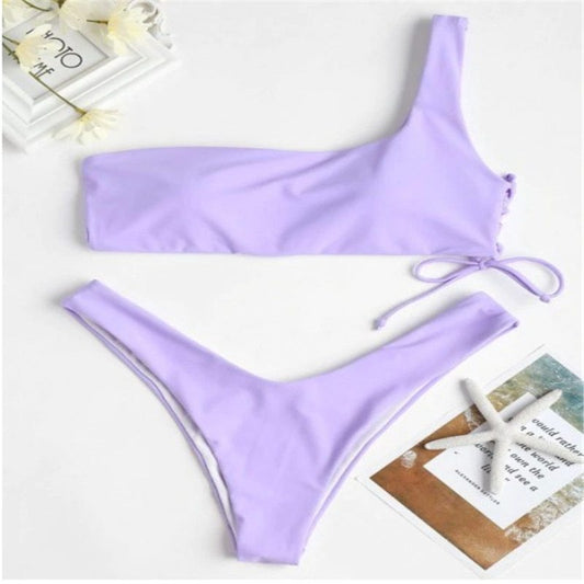 One-shoulder solid color split swimsuit bikini - Peek A Boo Undies