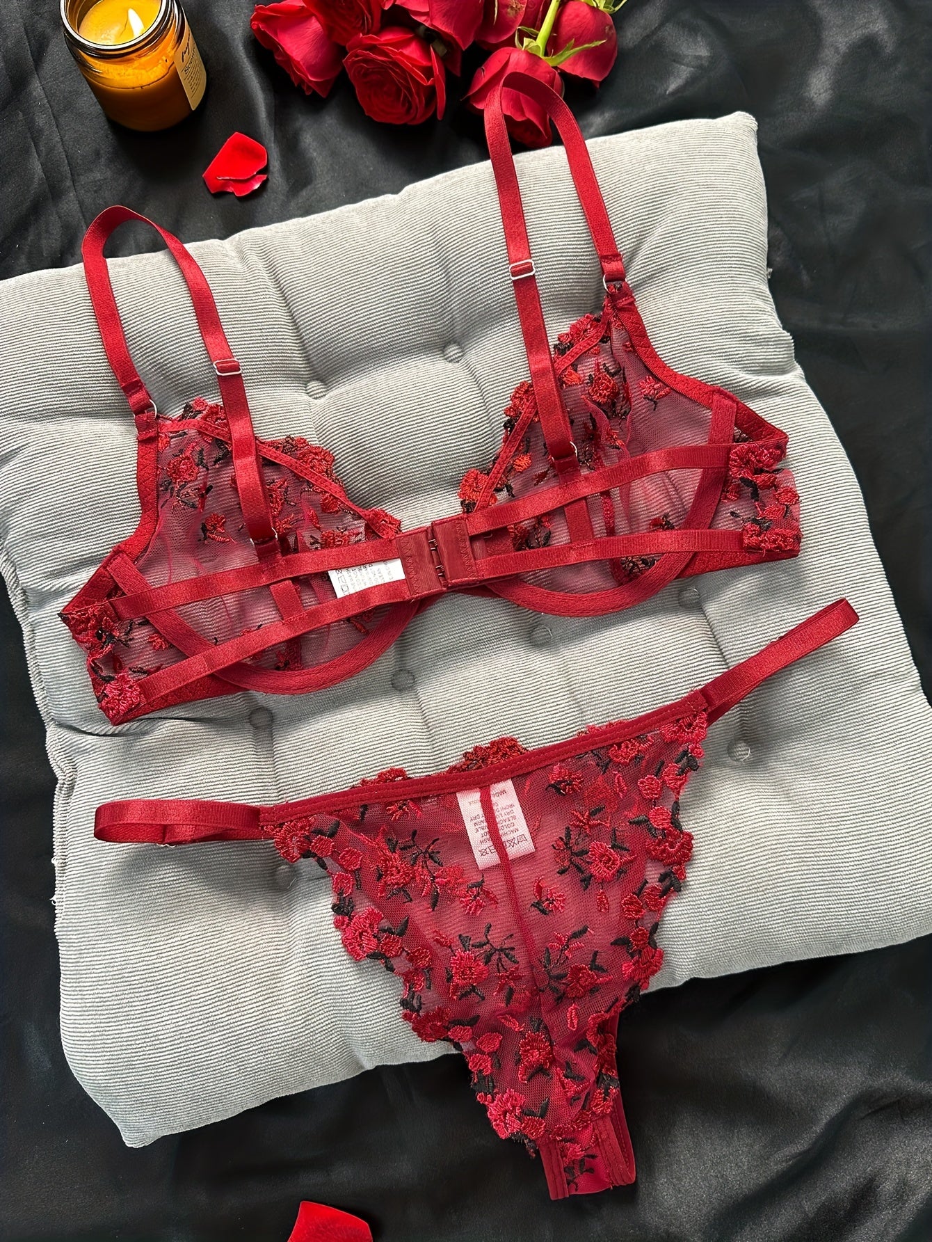 Floral Embroidery Lingerie Set, Cut Out Unlined Bra & Mesh Thong, Women's Sexy Lingerie & Underwear