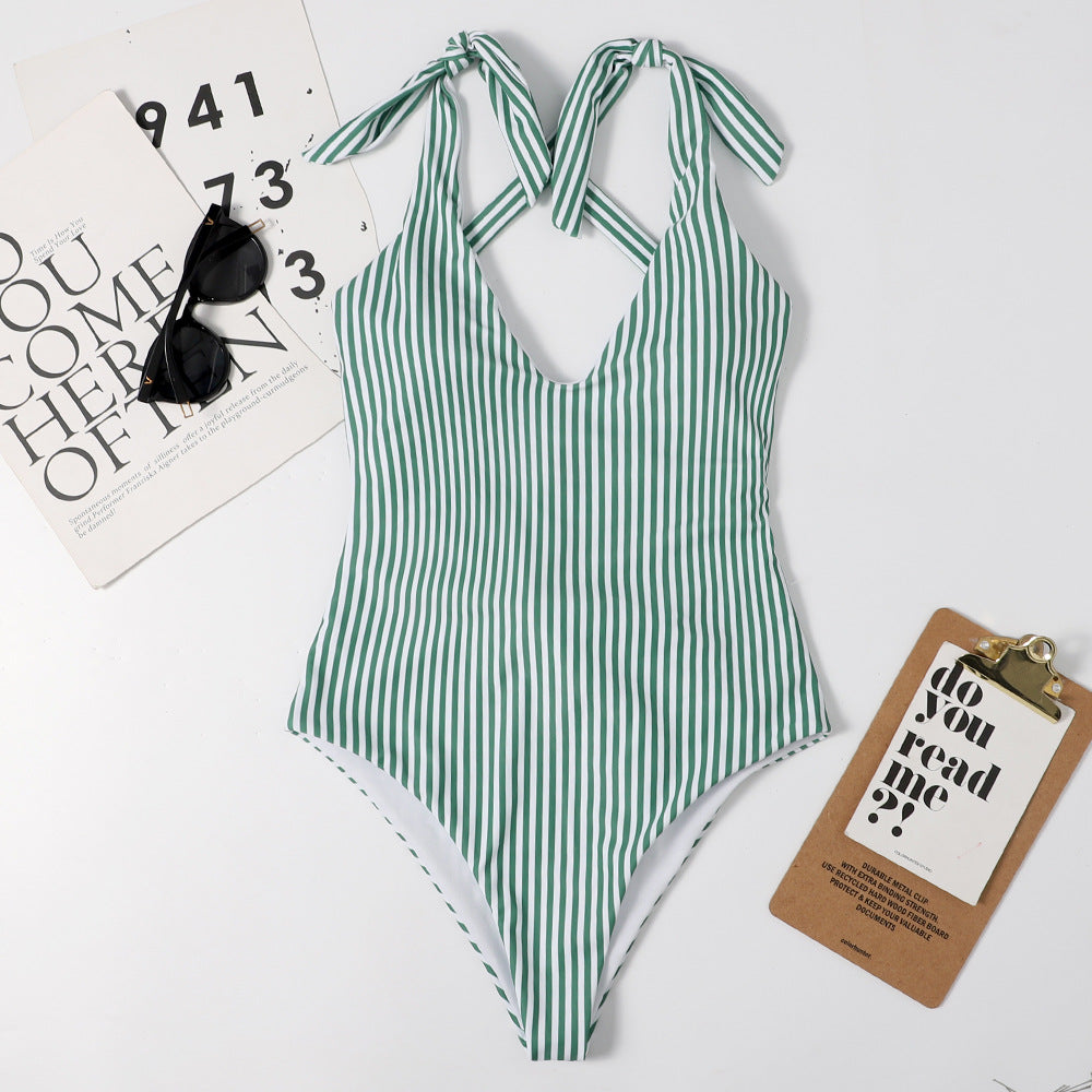 Women's Striped Print Slim One-Piece Swimsuit