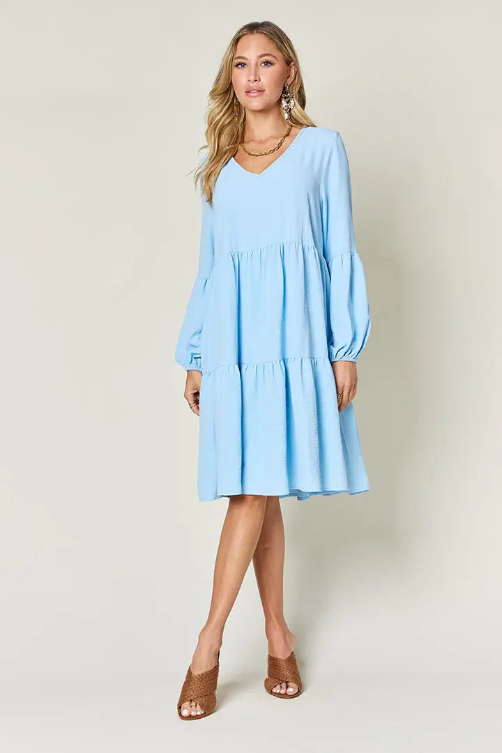 Double Take Full Size V-Neck Balloon Sleeve Tiered Dress with Pockets - Image #29