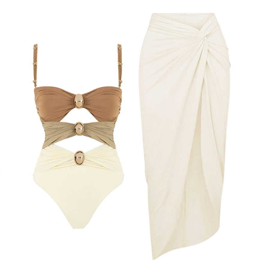 Gold Button Color Matching Three-color Swimsuit Suit Women - Peek A Boo Undies