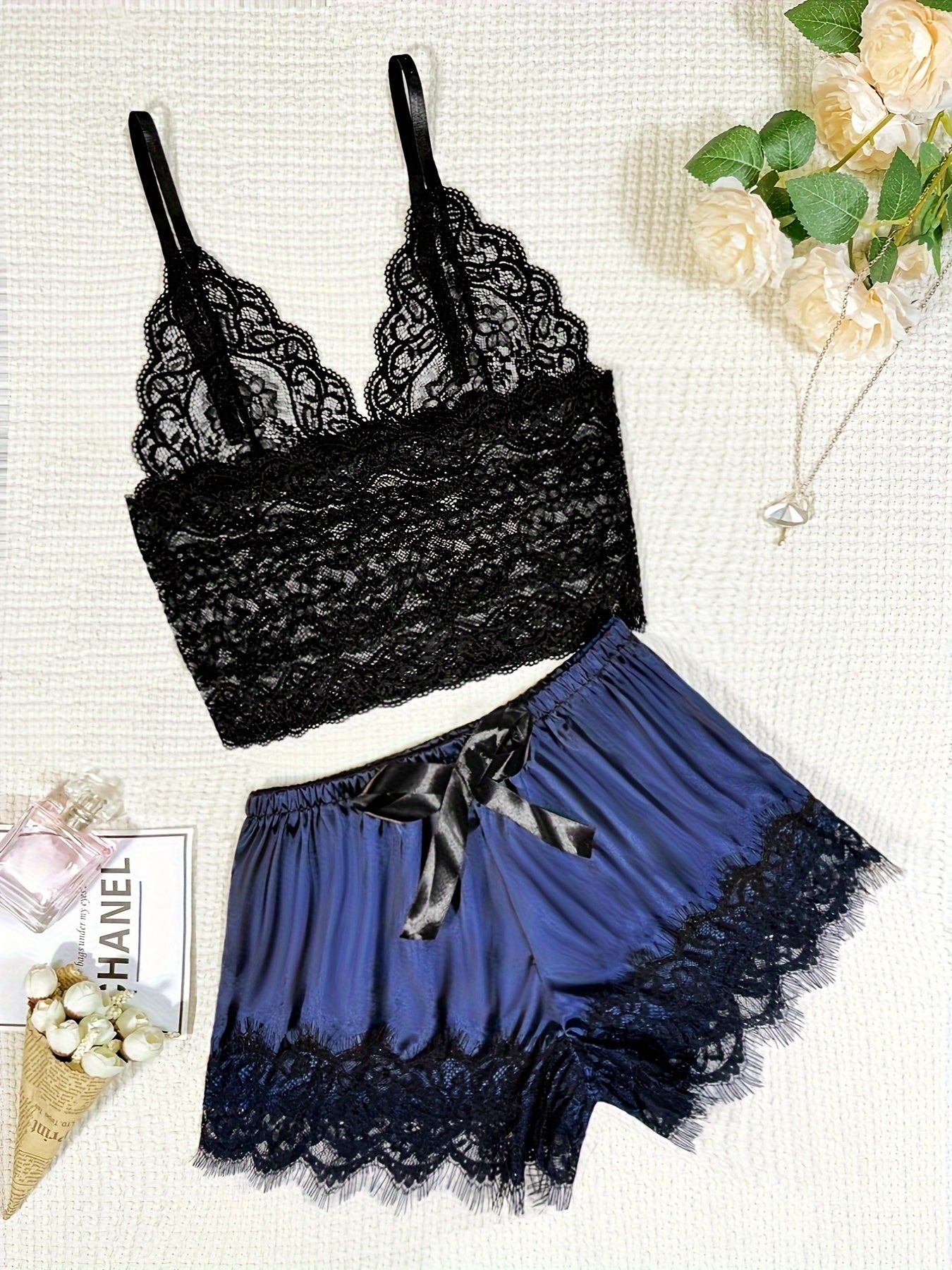 Women's Sexy Floral Lace Lingerie Set - Sheer Bralette And Bow Shorts For Seductive Style And Comfort