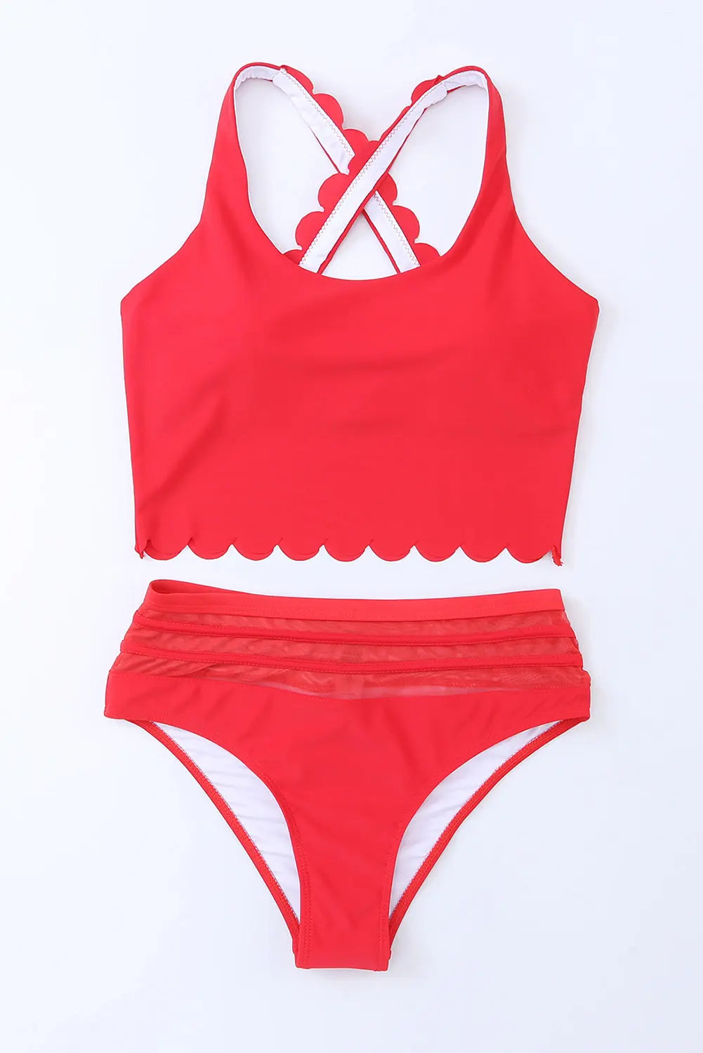 Red Scalloped Criss Cross High Waist Bikini - Image #3