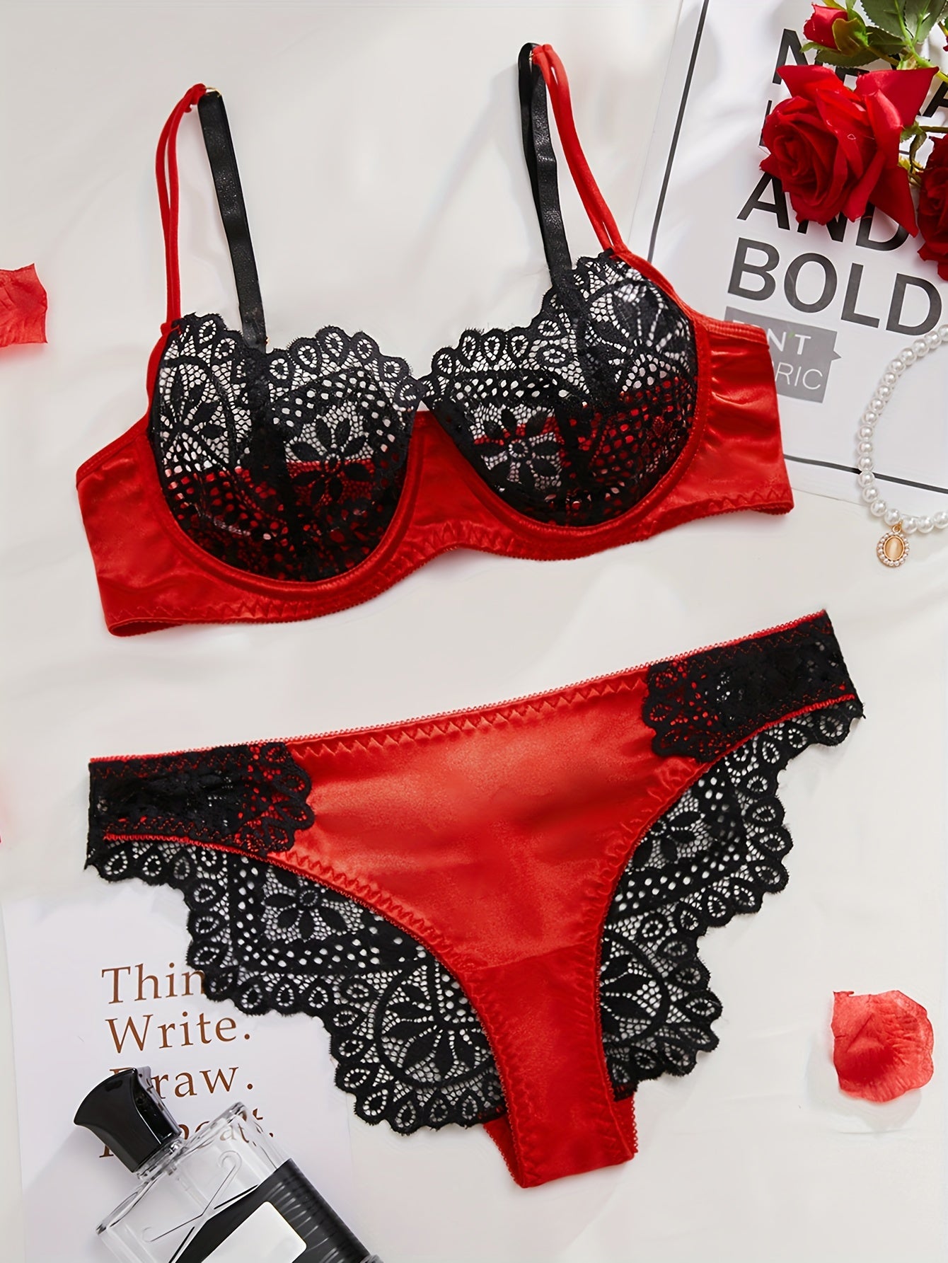 Contrast Lace Lingerie Set, Sheer Unlined Bra & Bikini Panties, Women's Sexy Lingerie & Underwear