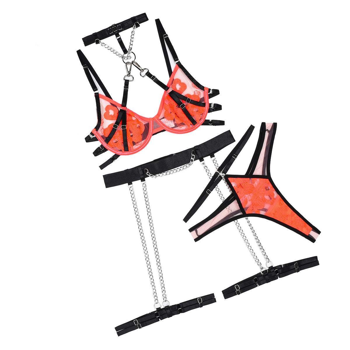 Embroidered Mesh Splicing Detachable Contrast Color Sexy Lingerie Suit - Peek A Boo Undies