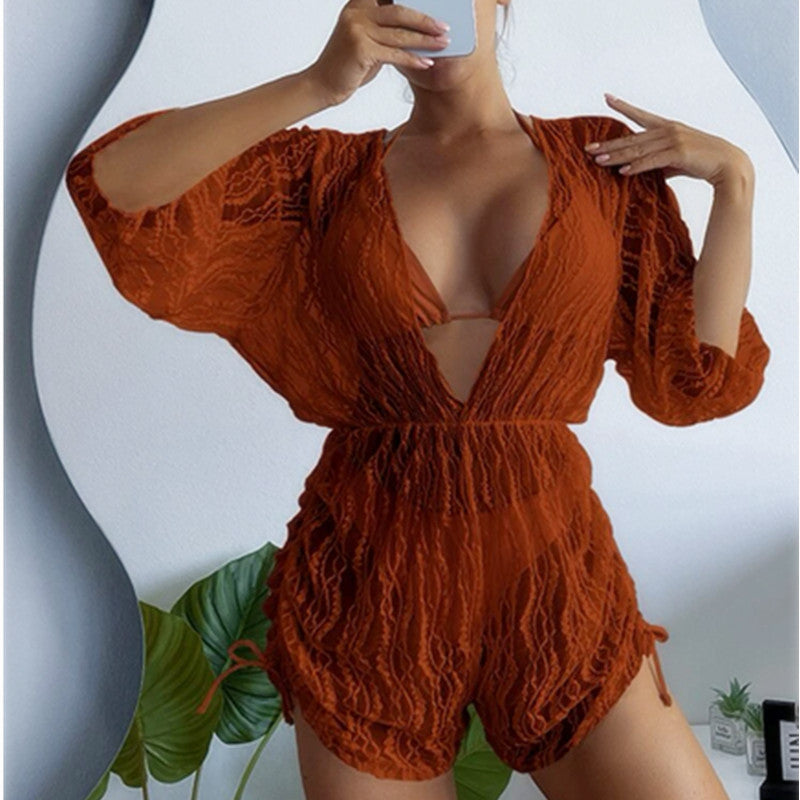 Long Sleeved Net Yarn Swimsuit Women's Draw Rope Sunscreen Smock Three-piece Bikini