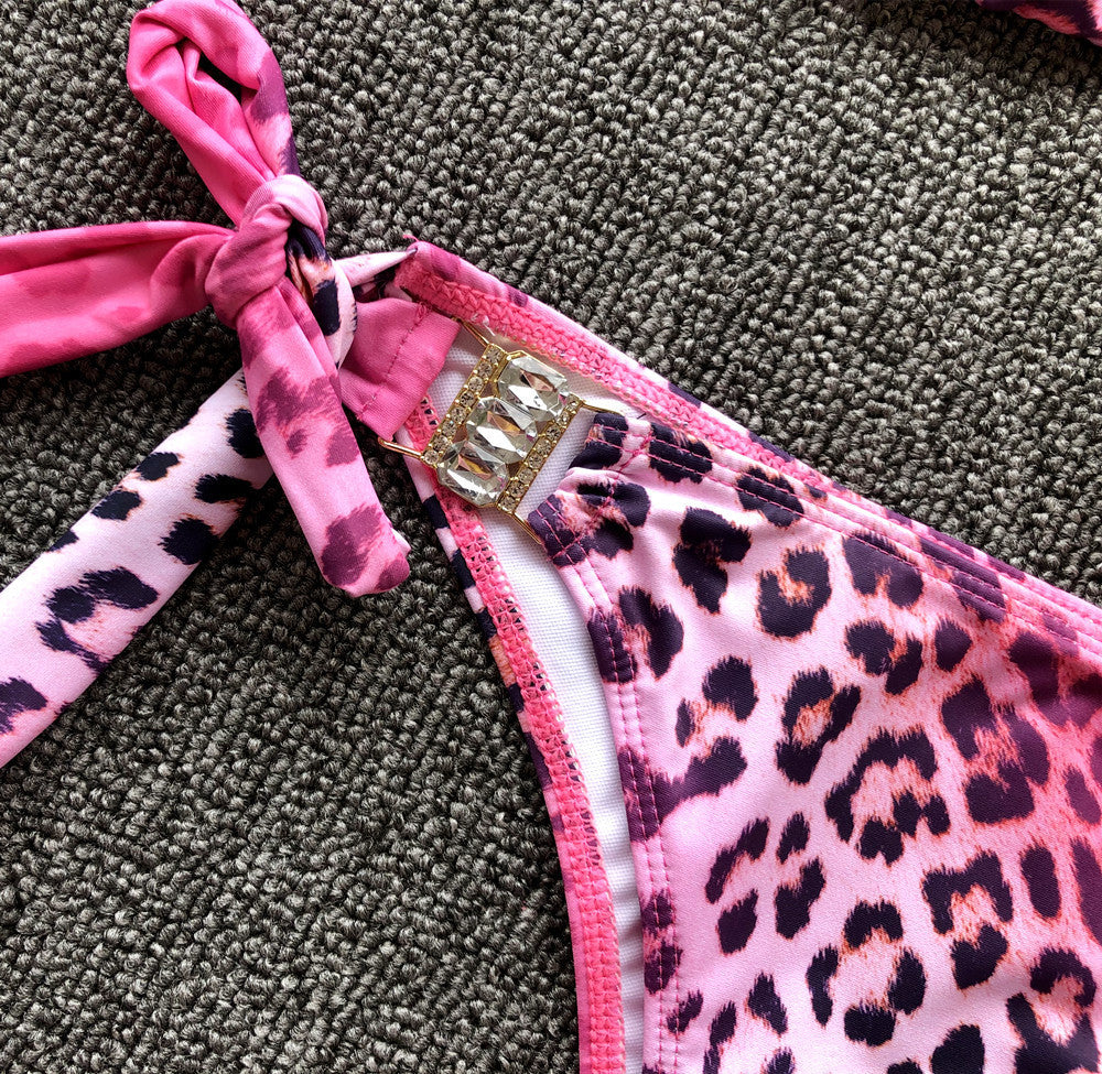 Pink Leopard Print Split Bikini