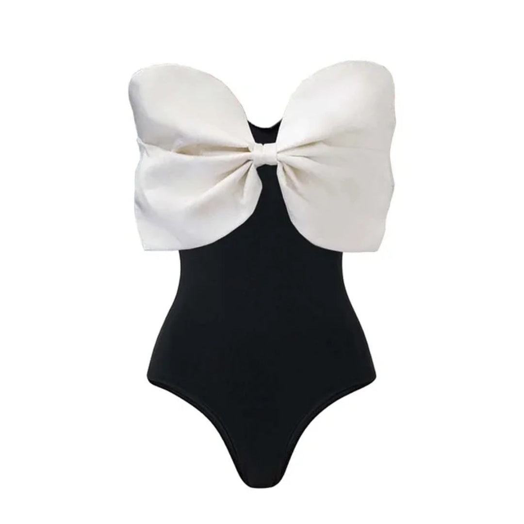 Black And White Tube Top Bow One-piece Swimsuit