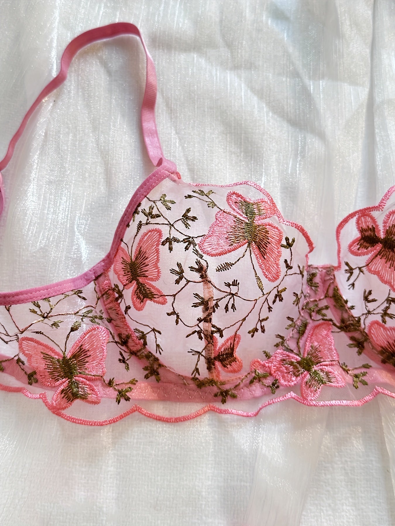 Butterfly Embroidery Lingerie Set, Sheer Unlined Bra & Mesh Thong, Women's Sexy Lingerie & Underwear