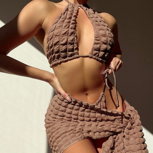 Bağcıklı Seersucker Üç Parçalı Bikini Kadın Mayo