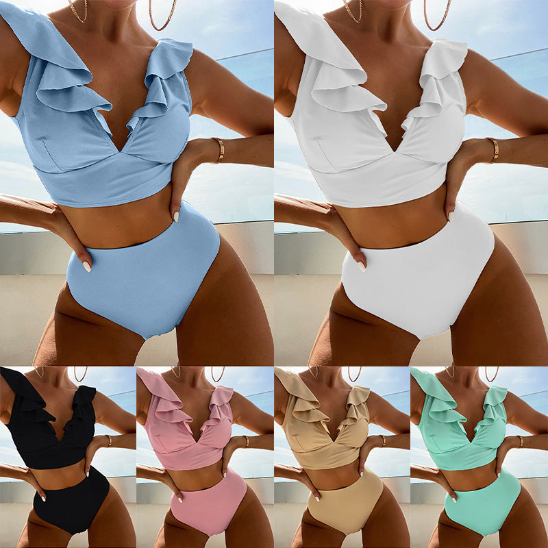 Lace Deep V-neck Split Swimsuit Bikini