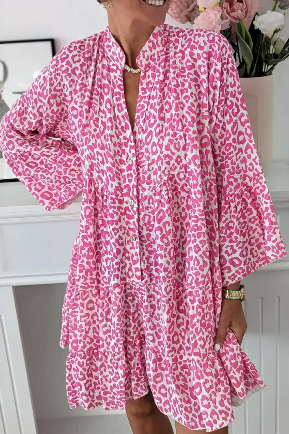 Leopard Notched Long Sleeve Shirt Dress - Image #1