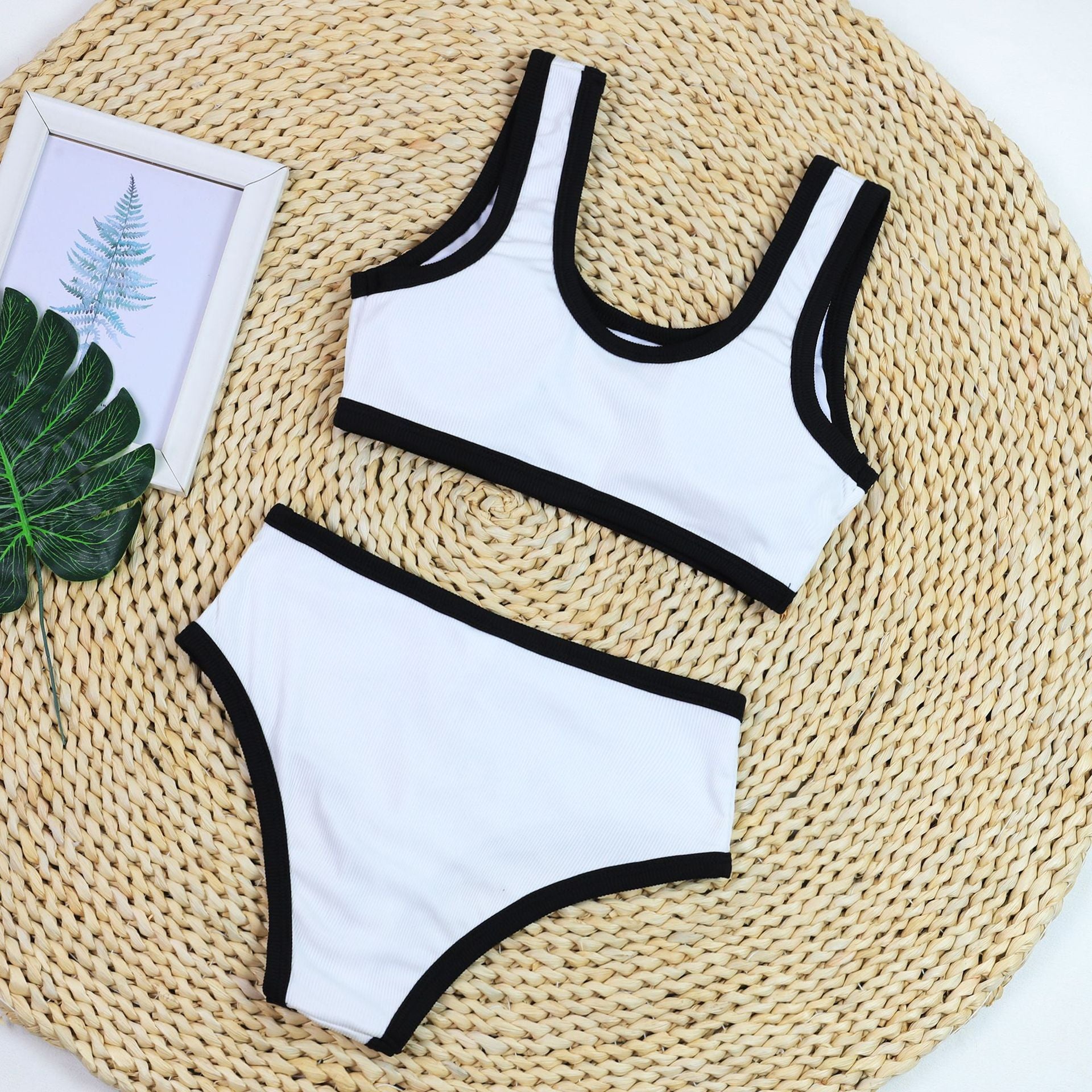 Sexy Black And White Color Matching High Waist Split Bikini Swimsuit - Peek A Boo Undies