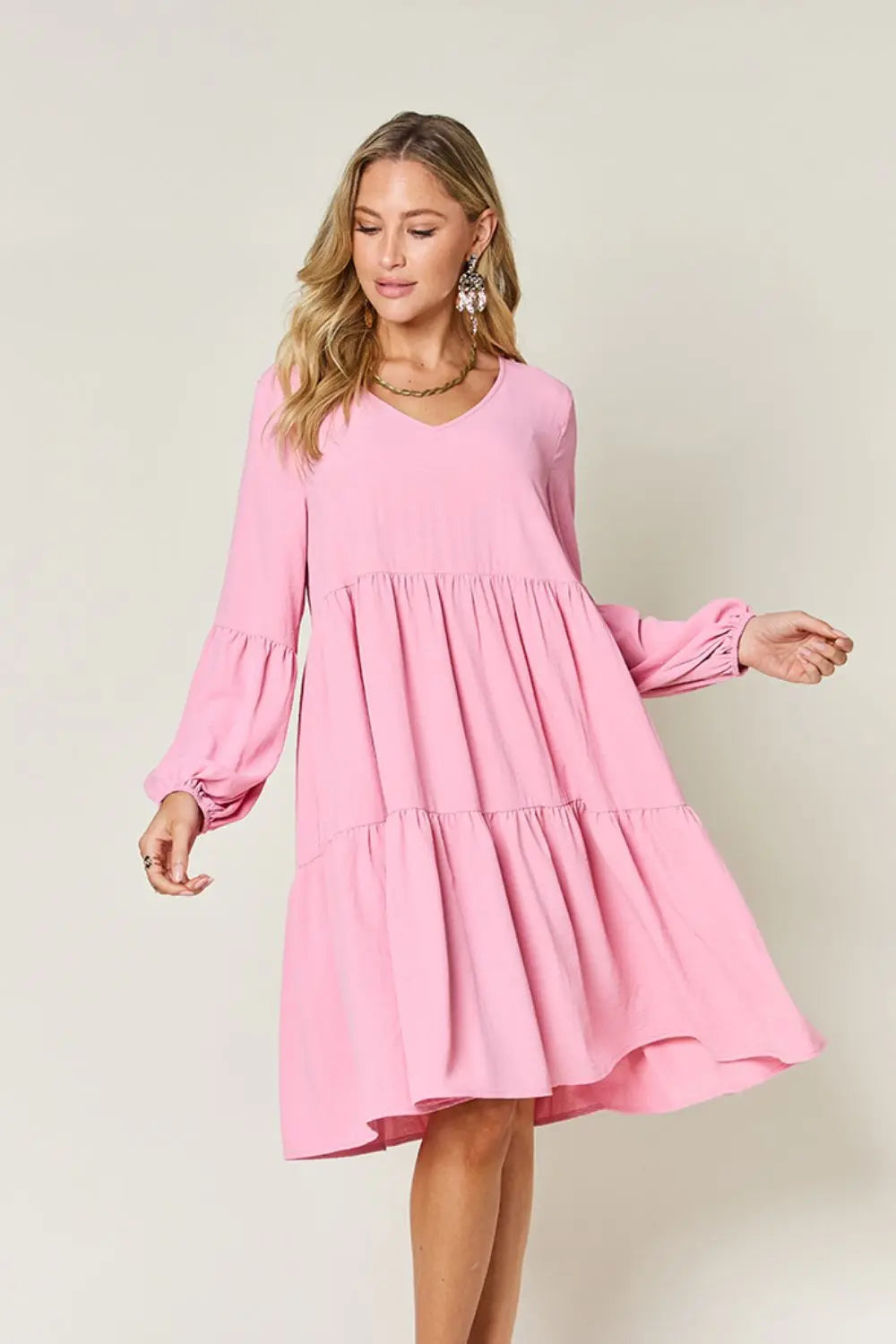 Double Take Full Size V-Neck Balloon Sleeve Tiered Dress with Pockets - Image #2