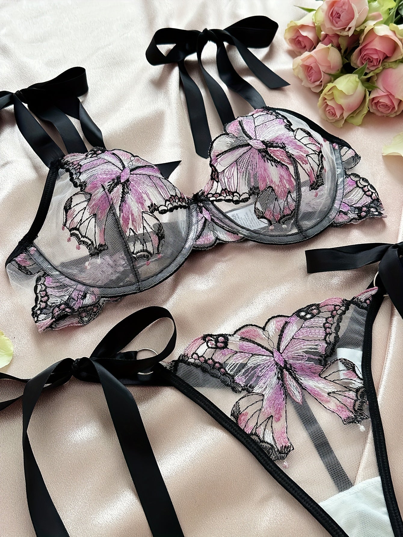 Butterfly Embroidery Lingerie Set, Unlined Mesh Bra & Strappy Thong, Women's Sexy Lingerie & Underwear