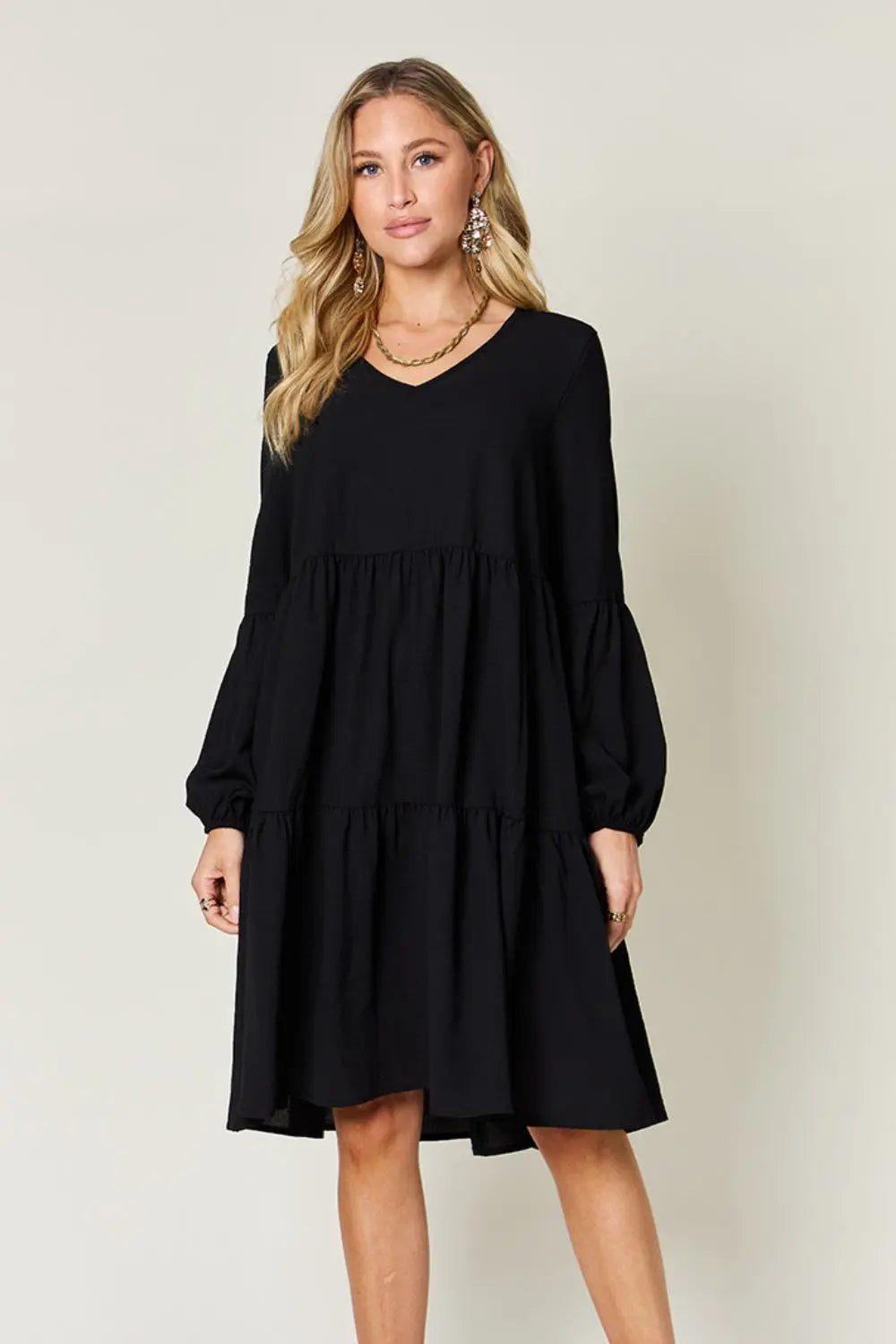 Double Take Full Size V-Neck Balloon Sleeve Tiered Dress with Pockets - Image #15