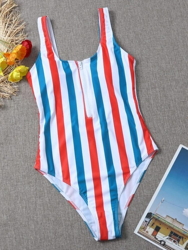 Bikini Zipper Striped One-piece Swimsuit