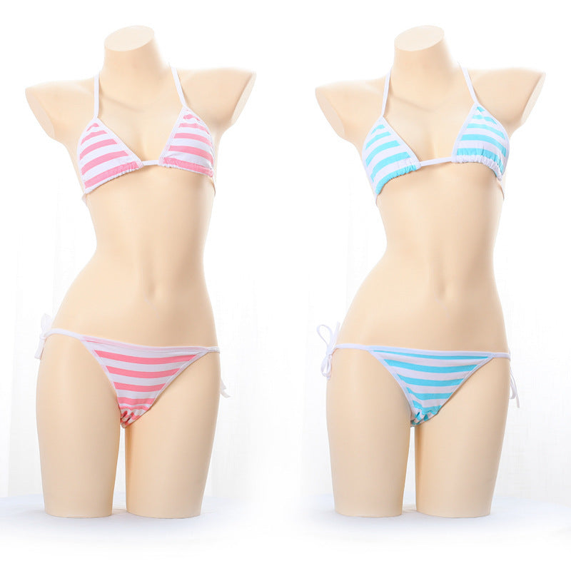 Blue White  White Striped Lace-Up Mini Bikini