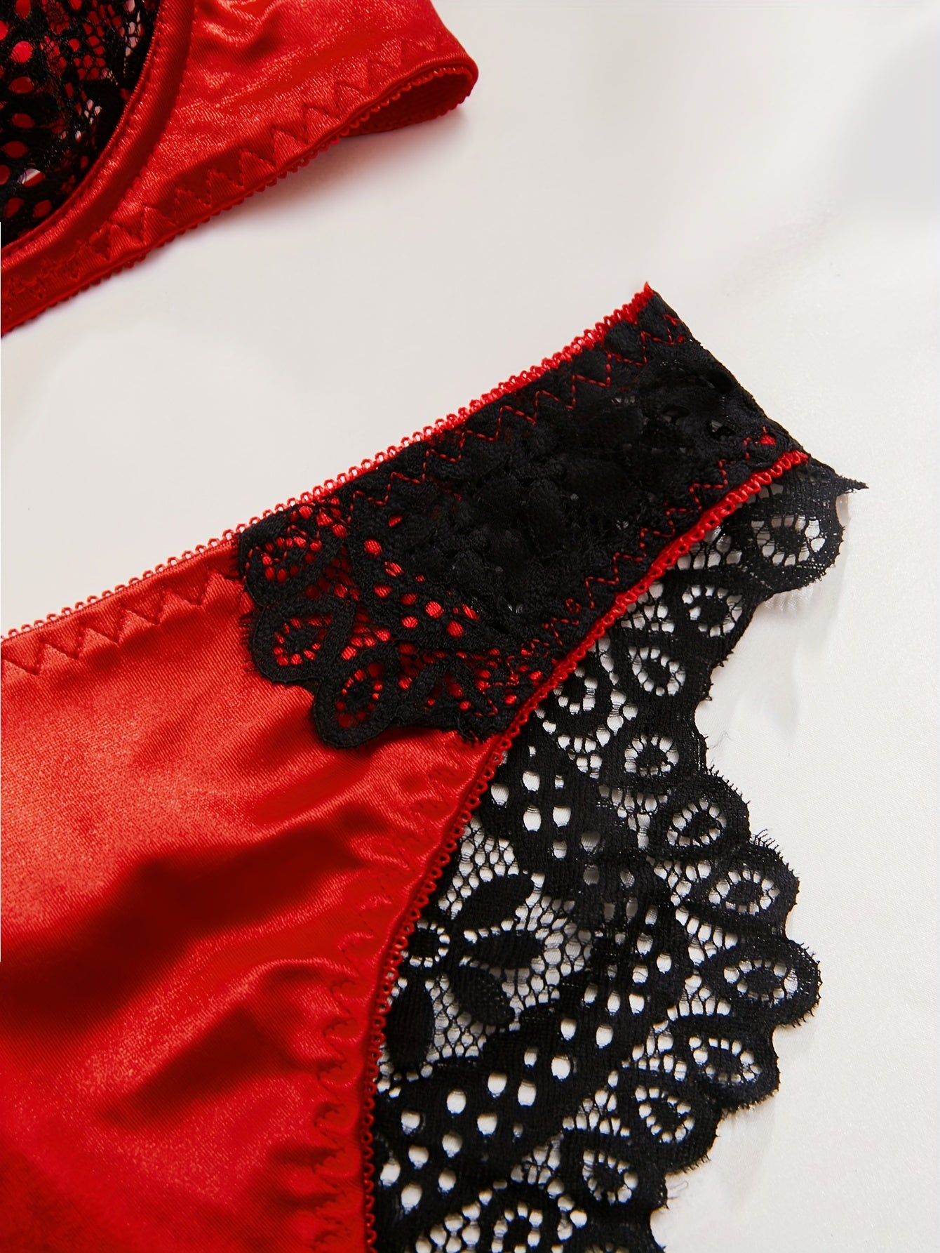 Contrast Lace Lingerie Set, Sheer Unlined Bra & Bikini Panties, Women's Sexy Lingerie & Underwear