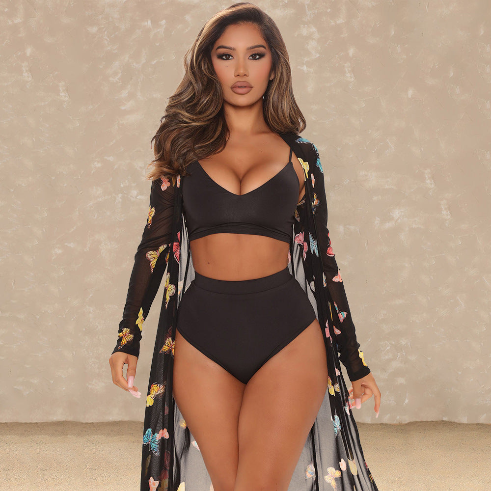 Women's Fashion Mesh Print Swimsuit Three Piece Shawl