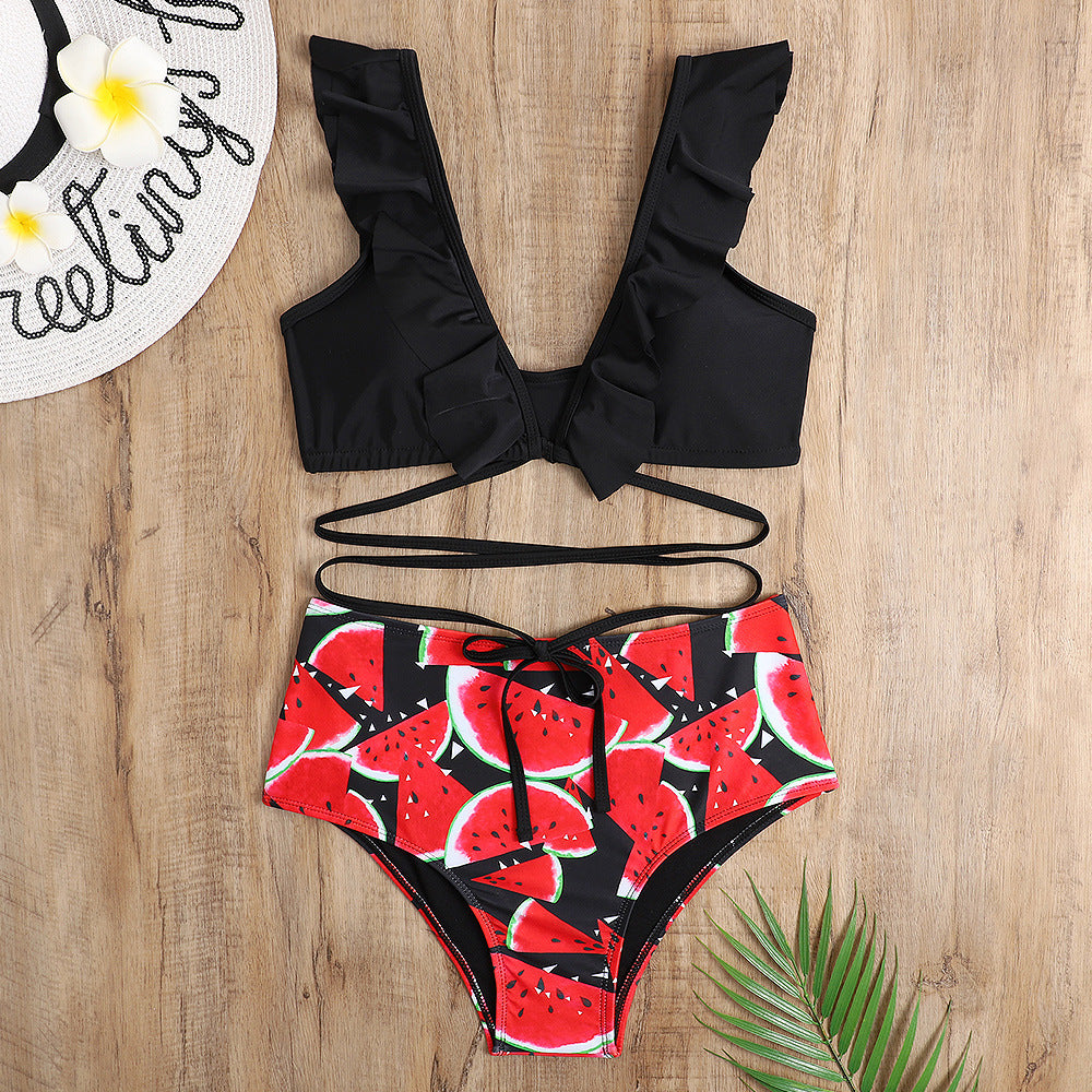 Sexy Bikini Print High Waist Split Swimsuit Lady Lotus Leaf