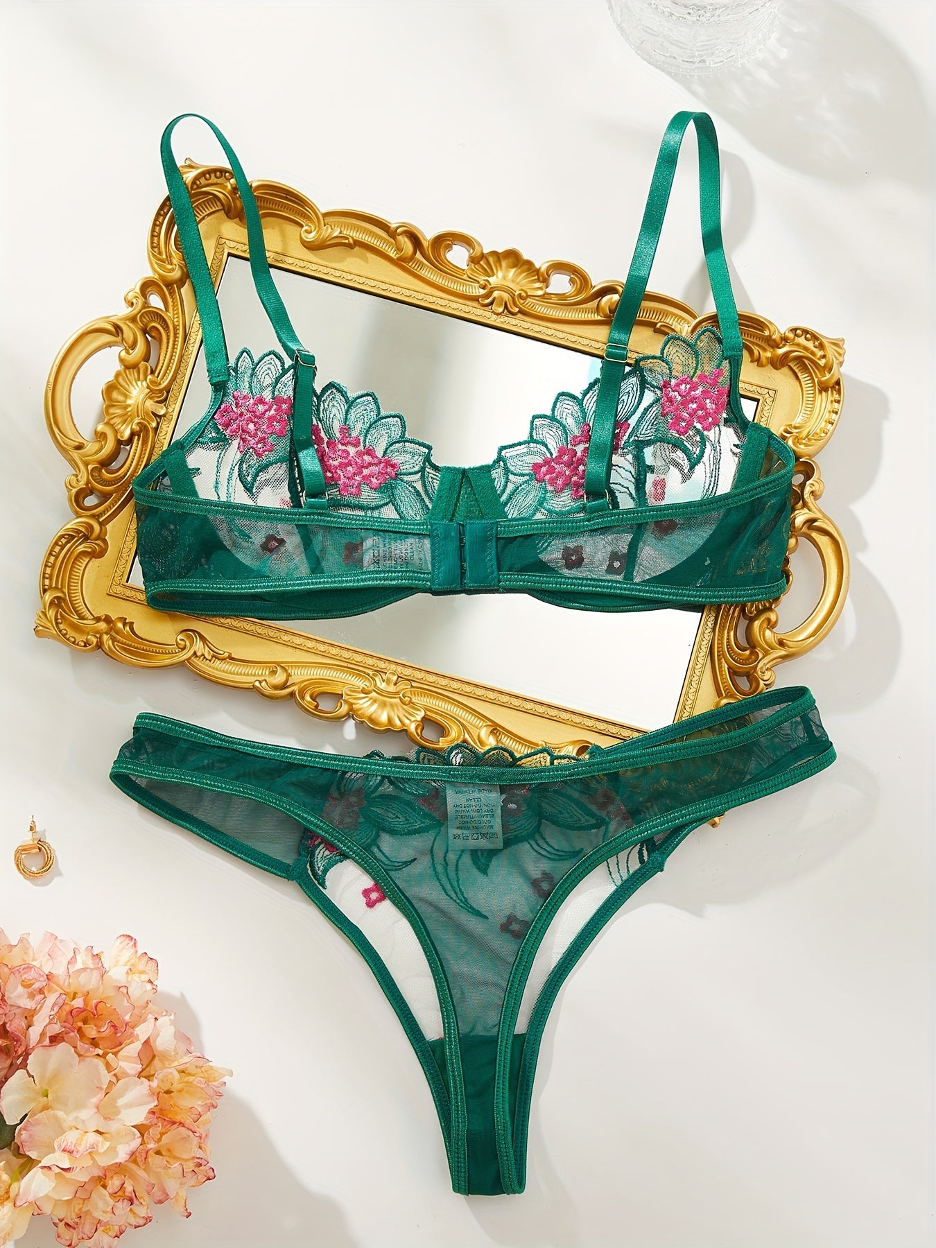 Floral Embroidery Lingerie Set, Sheer Unlined Bra & Mesh Thong, Women's Sexy Lingerie & Underwear