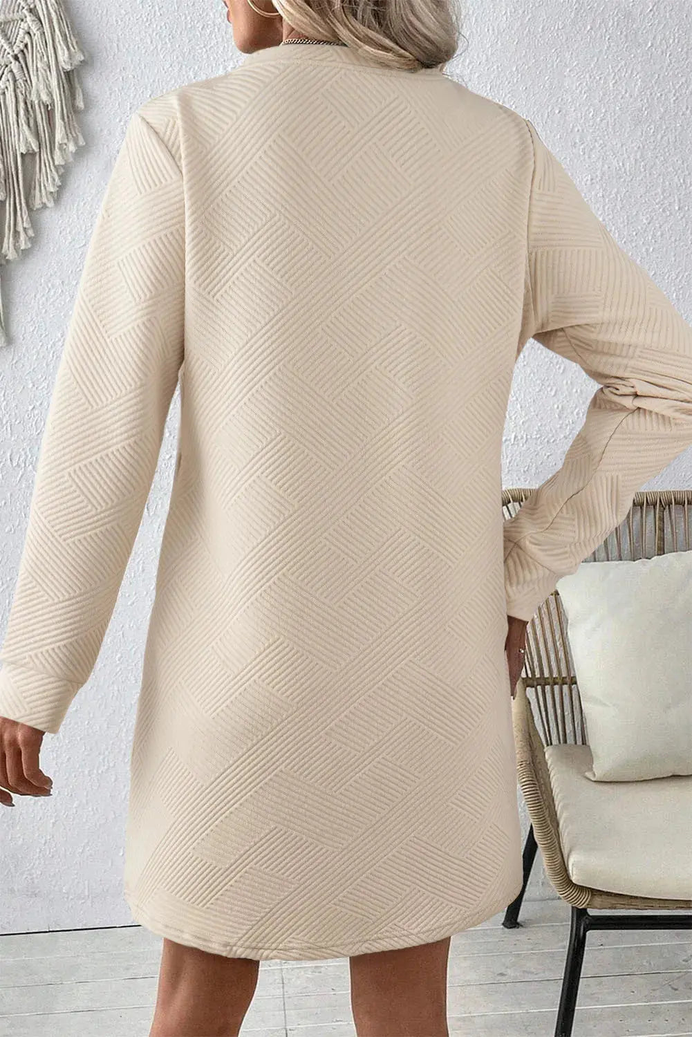 Textured Round Neck Long Sleeve Mini Dress - Image #7